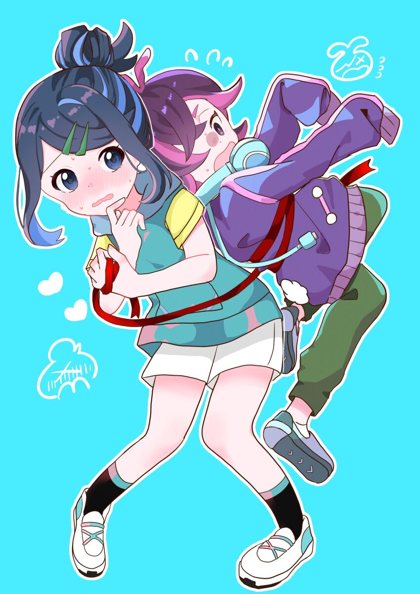 2girls, 3yk0_h, absurdres, black_hair, blue_eyes, blue_hair, blush, colored_inner_hair