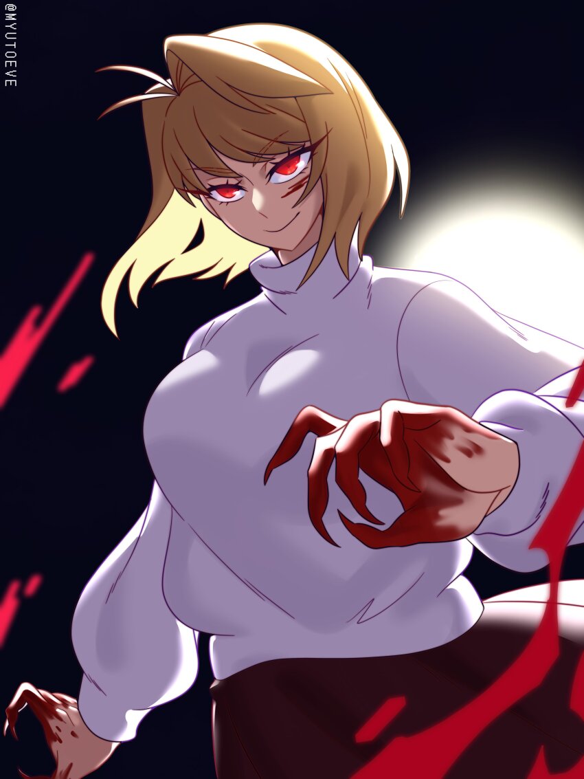 1girl, absurdres, ahoge, arcueid_brunestud, arm_at_side, blonde_hair, blood, blood_on_face