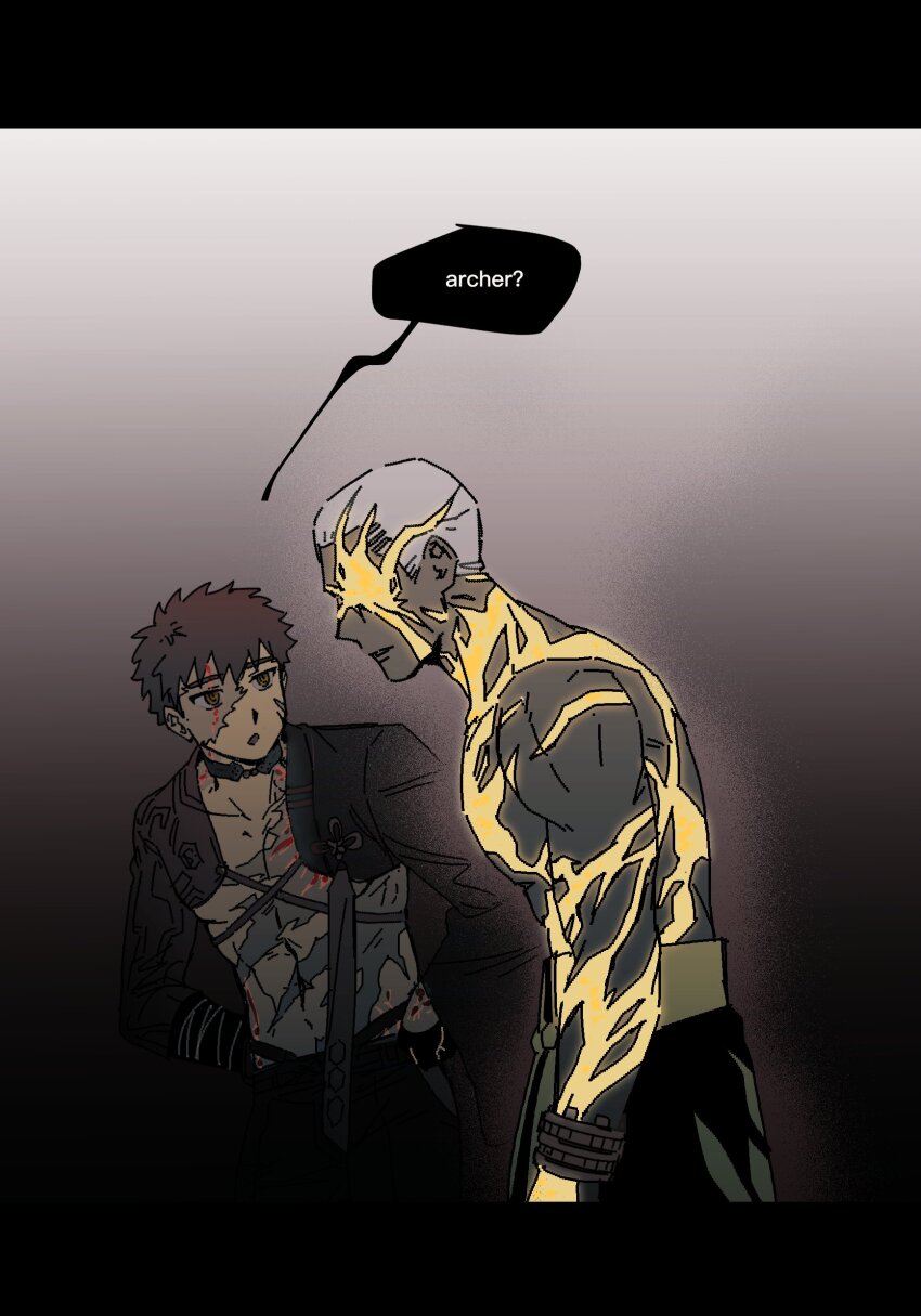 2boys, abs, absurdres, black_gloves, chinese_commentary, colored_skin, commentary_request, cuffs