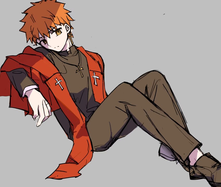 1boy, arm_rest, black_pants, black_shoes, commentary, cross, cross_earrings, cross_necklace