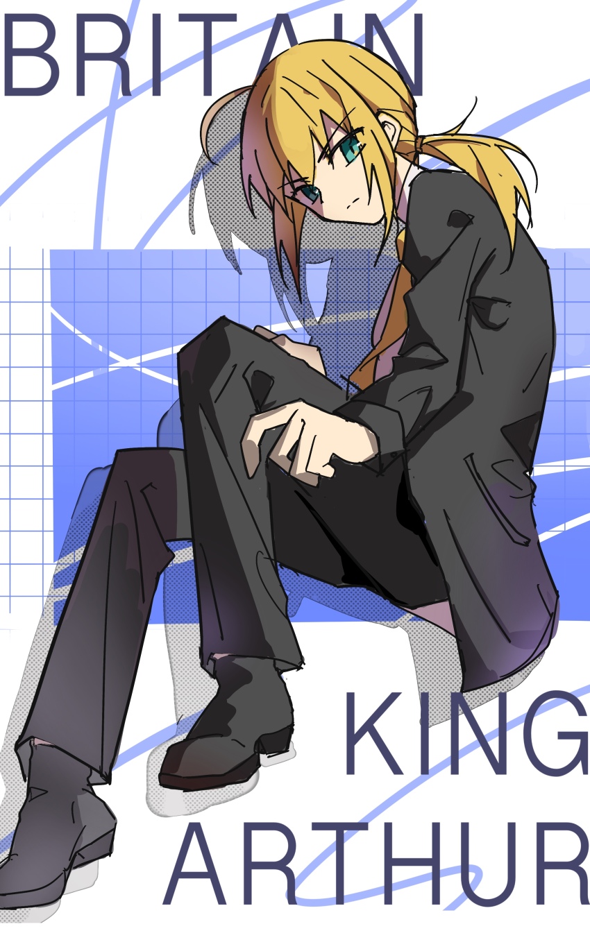 1girl, absurdres, alternate_color, aqua_eyes, artoria_pendragon_(fate), black_jacket, black_pants, black_shoes