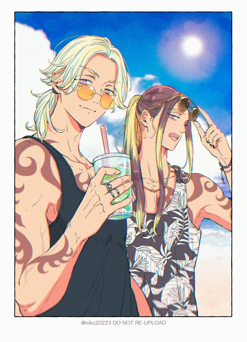 2boys, adjusting_eyewear, aqua_hair, arm_tattoo, black_nails, black_shirt, blonde_hair, bracelet