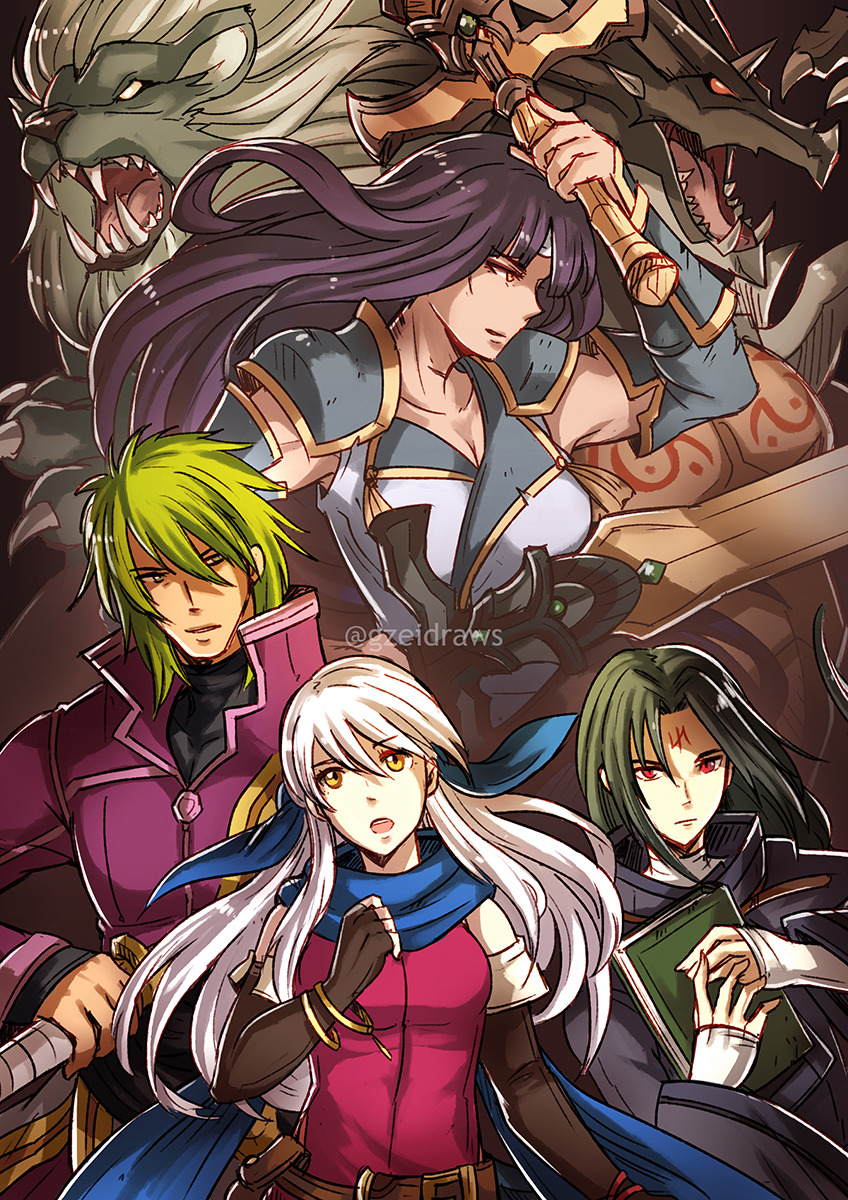 2boys, 2girls, alternate_design, altina_(fire_emblem), ancestor_and_descendant, book, breasts, cleavage