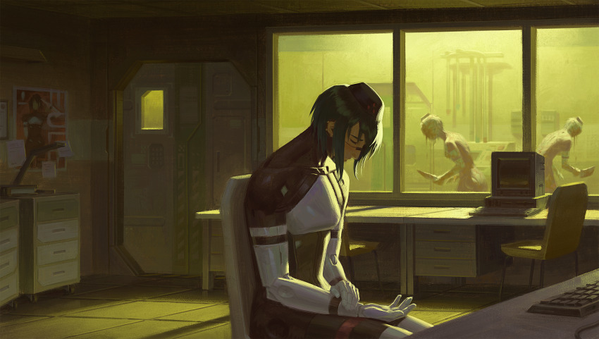 1girl, android, blue_hair, chair, closed_eyes, computer_keyboard, crt, desk