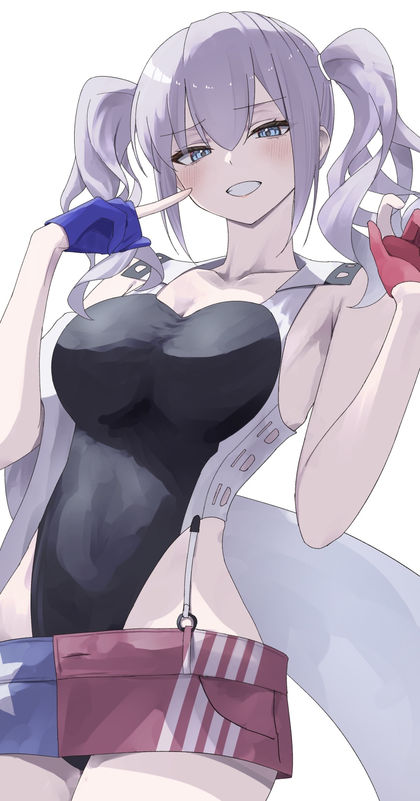 1girl, absurdres, american_flag, american_flag_print, american_flag_skirt, black_one-piece_swimsuit, blue_eyes, blue_gloves