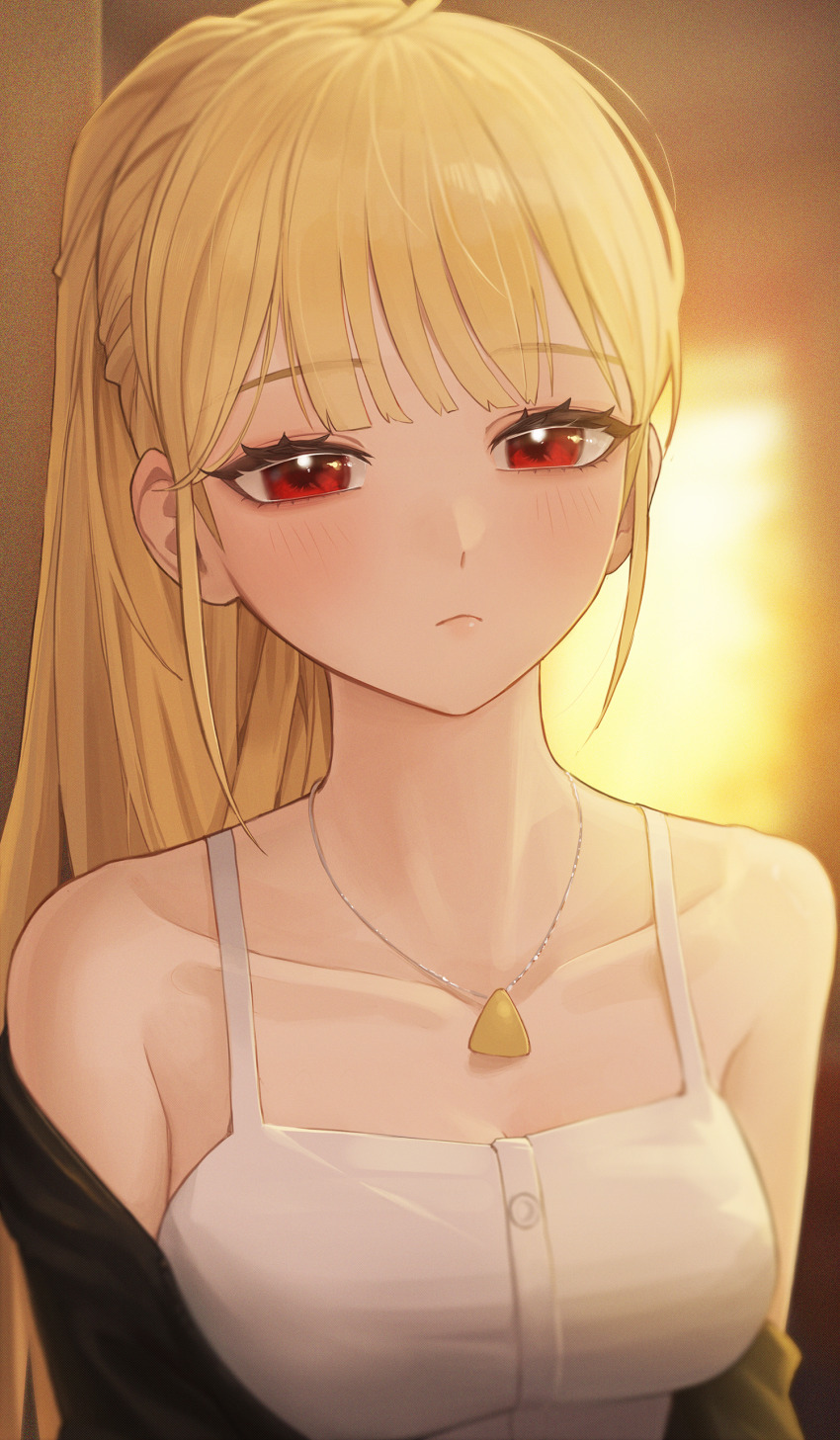 1girl, absurdres, ahoge, backlighting, bare_shoulders, black_jacket, blonde_hair, blurry