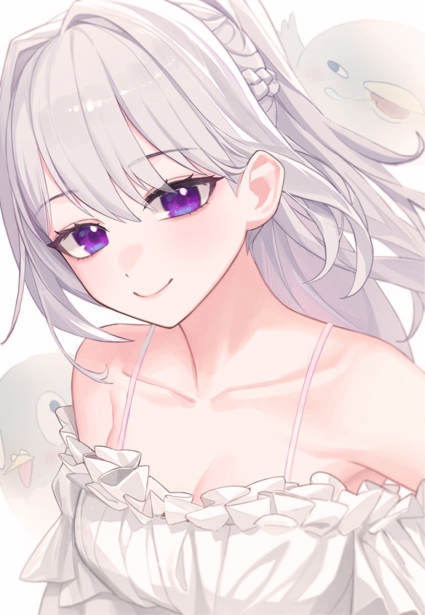 1girl, absurdres, bare_shoulders, bird, bra_strap, braid, breasts, cleavage