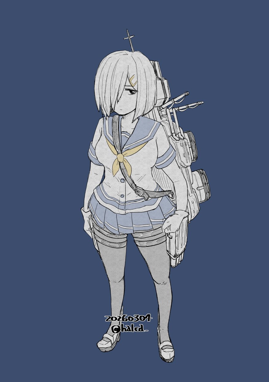 1girl, black_pantyhose, blue_background, blue_eyes, blue_sailor_collar, blue_skirt, breasts, commentary_request