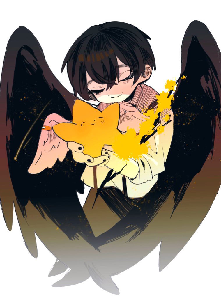 1boy, black_wings, closed_eyes, closed_mouth, commentary_request, crow's_eye_view_(e.g.o), e.g.o_(project_moon), feathered_wings