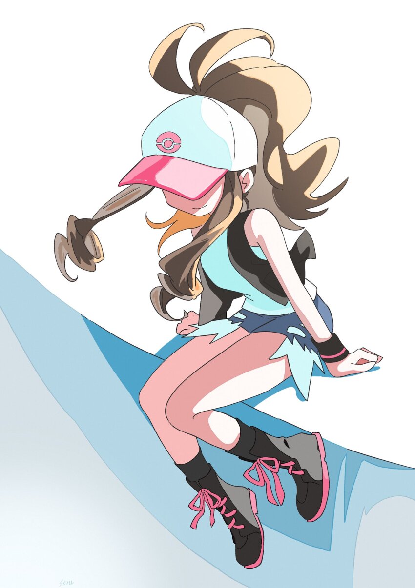 1girl, ankle_boots, bare_legs, baseball_cap, black_boots, black_jacket, black_socks, blue_shorts, boots, breasts, brown_hair, full_body, hat, high_ponytail, highres, hilda_(pokemon), iseull, jacket, long_hair, nintendo, poke_ball_print, pokemon, pokemon_black_and_white, ponytail, shirt, shorts, sidelocks, simple_background, sitting, sleeveless, sleeveless_jacket, smile, socks, solo, standing, white_shirt, wide_hips, wristband