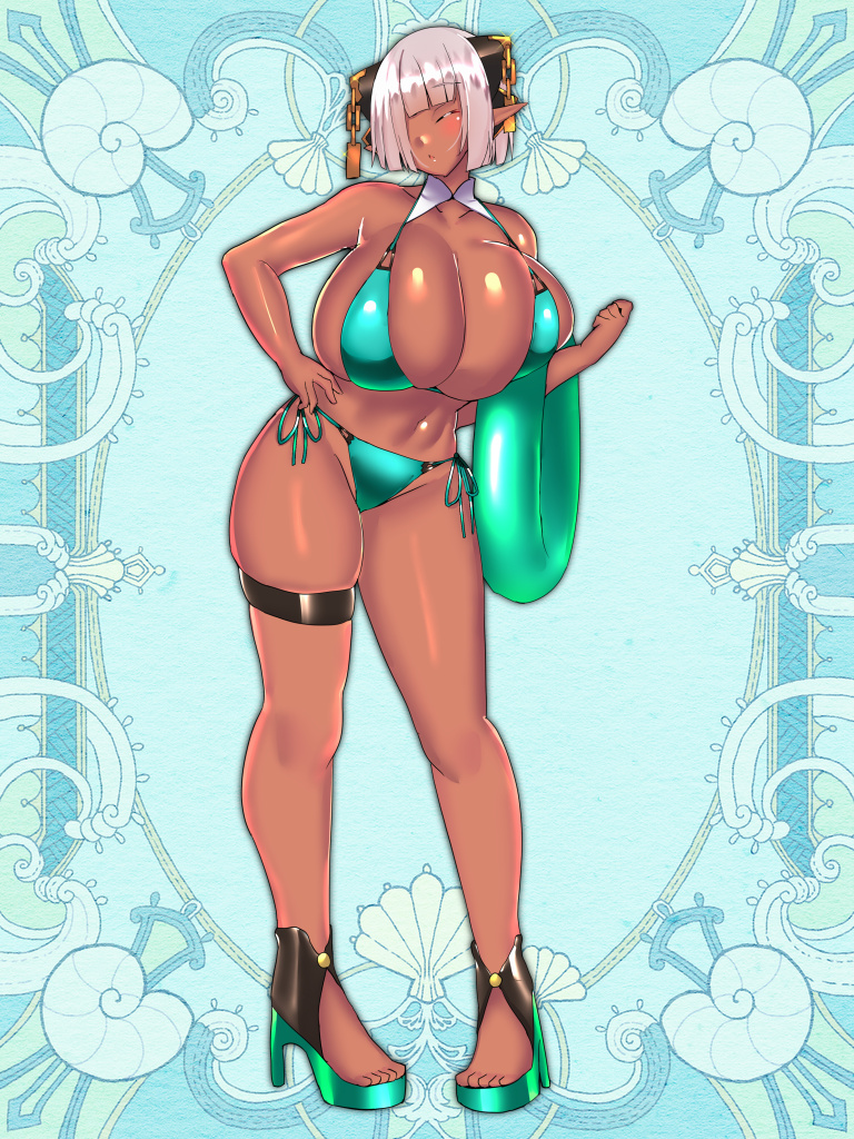 1girl, bikini, blue_background, breasts, closed_eyes, dark-skinned_female, dark_skin, eres_vilgodream, full_body, green_bikini, hair_over_one_eye, hand_on_own_hip, high_heels, holding, holding_swim_ring, huge_breasts, innertube, kerberos_blade, large_breasts, open-toe_shoes, pointy_ears, short_hair, side-tie_bikini_bottom, solo, souma_(ordures), swim_ring, swimsuit, thigh_strap, white_hair