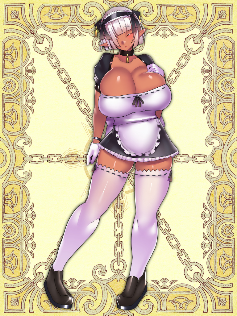 1girl, apron, black_shoes, black_skirt, blunt_bangs, breasts, choker, dark-skinned_female