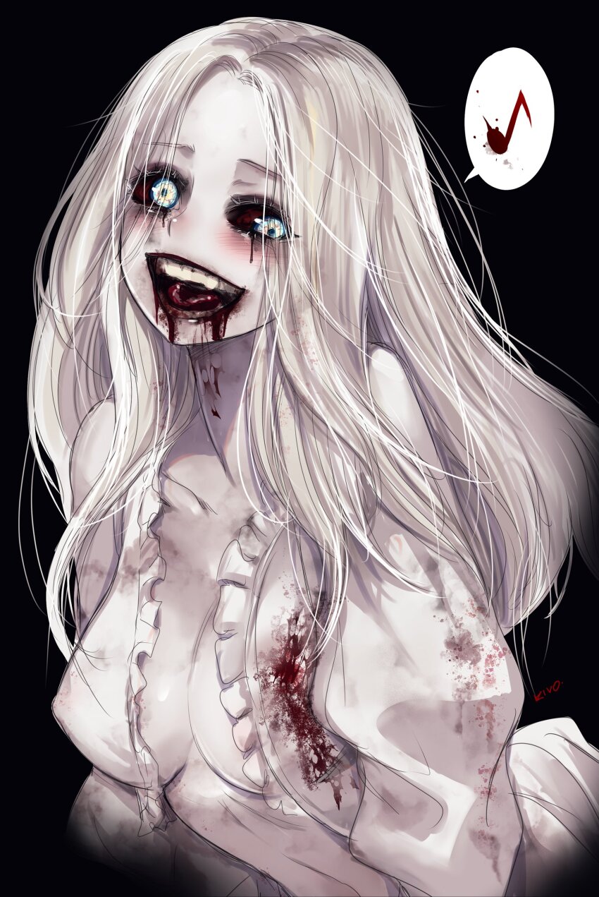 1girl, absurdres, blood, blood_from_mouth, blood_on_clothes, bloodshot_eyes, breasts, colored_sclera