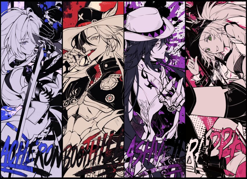 2boys, 2girls, acheron_(honkai:_star_rail), adjusting_clothes, adjusting_headwear, ashveil_(honkai:_star_rail), badge, baseball_cap