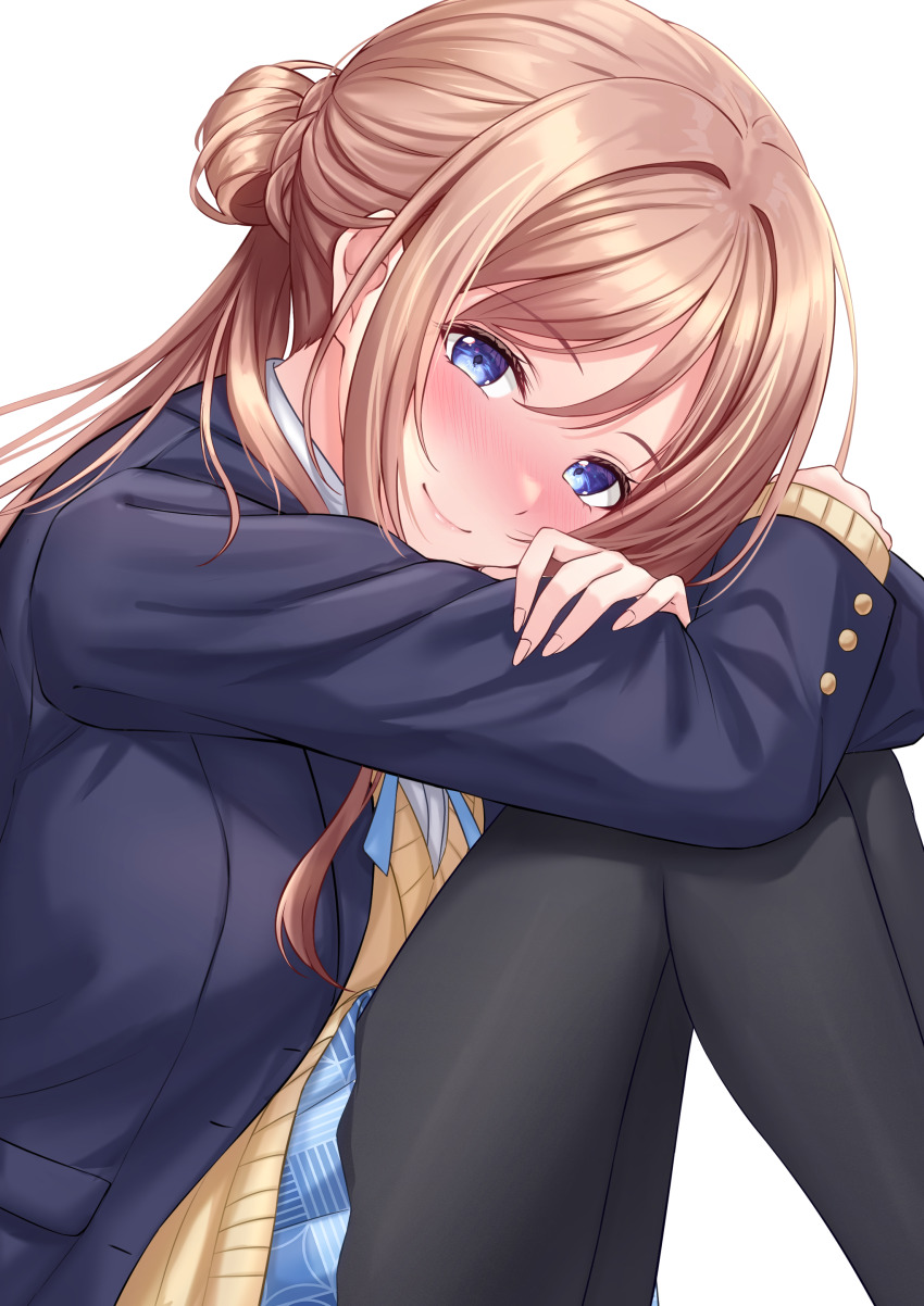 1girl, absurdres, black_jacket, black_pantyhose, blazer, blue_eyes, blue_ribbon, blue_skirt