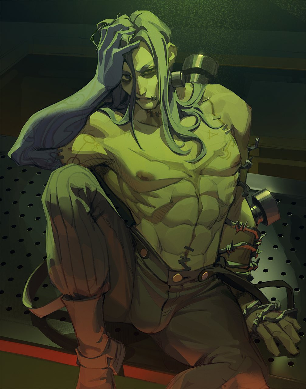 1boy, abs, bad_artstation_link, bad_link, bags_under_eyes, barbed_wire, deadlock_(game), highres