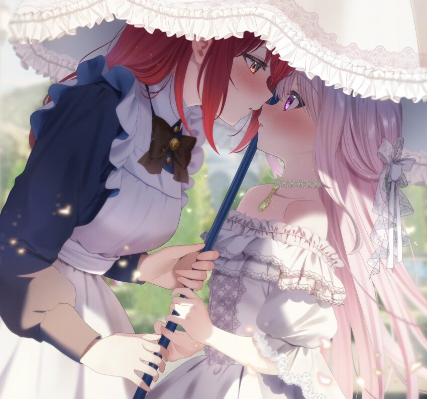 2girls, apron, bagel_sandica, bare_shoulders, berry_(shoujo_no_nozomanu_eiyuutan), black_dress, blush, choker