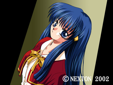 1girl, amasawa_ikumi, blue_eyes, blue_hair, female_focus, game_cg, gradient_background, lowres