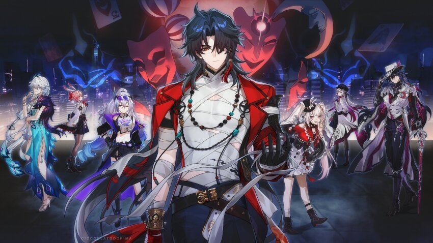 2boys, 5girls, absurdres, aha_(honkai:_star_rail), ahoge, ashveil_(honkai:_star_rail), bandages, belt