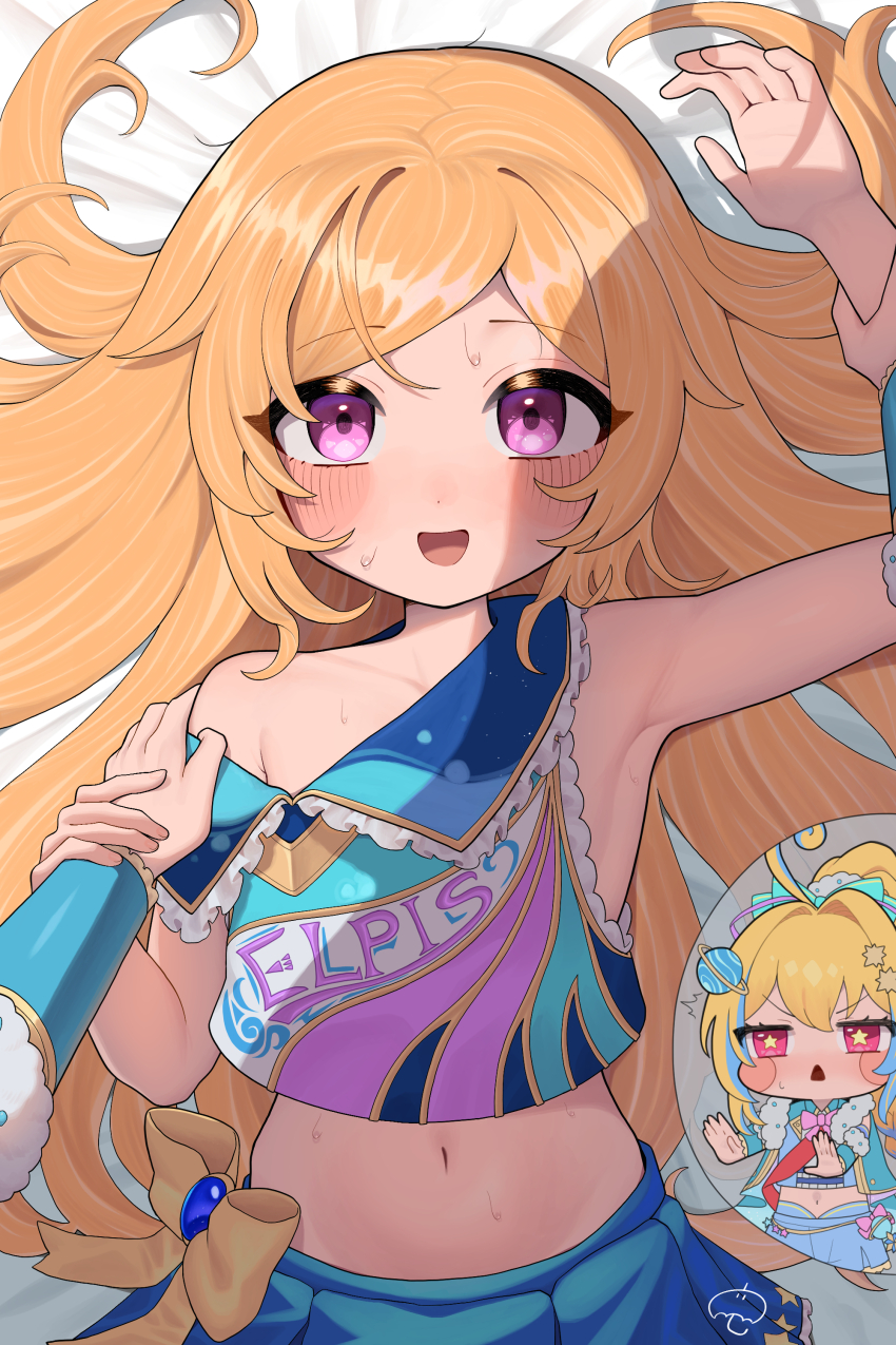 2girls, absurdres, amagasa, arm_up, armpits, bare_shoulders, blue_skirt, blush, chibi, chibi_inset, clothes_writing, commentary_request, commission, female_pov, flat_chest, hair_down, hair_spread_out, hand_grab, hand_on_another's_shoulder, highres, holding_another's_wrist, long_hair, looking_at_viewer, lying, midriff, monster_strike, multicolored_shirt, multiple_girls, navel, nervous_smile, nostradamus_(monster_strike), off_shoulder, on_back, on_bed, open_mouth, pandora_(monster_strike), pink_eyes, pinned, pov, pov_hands, shadow, shirt, skeb_commission, skirt, sleeveless, sleeveless_shirt, smile, solo_focus, spoken_character, stomach, straight-on, sweat, tareme, upper_body, variant_set, very_long_hair, yukadon