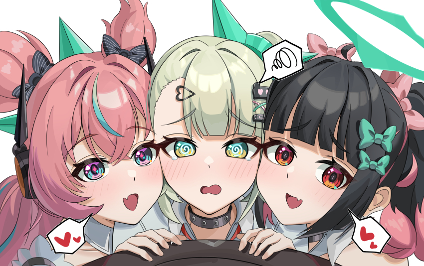 3girls, @_@, absurdres, angels_of_delusion, aqua_streaks, aria_(zenless_zone_zero), black_bow, black_choker