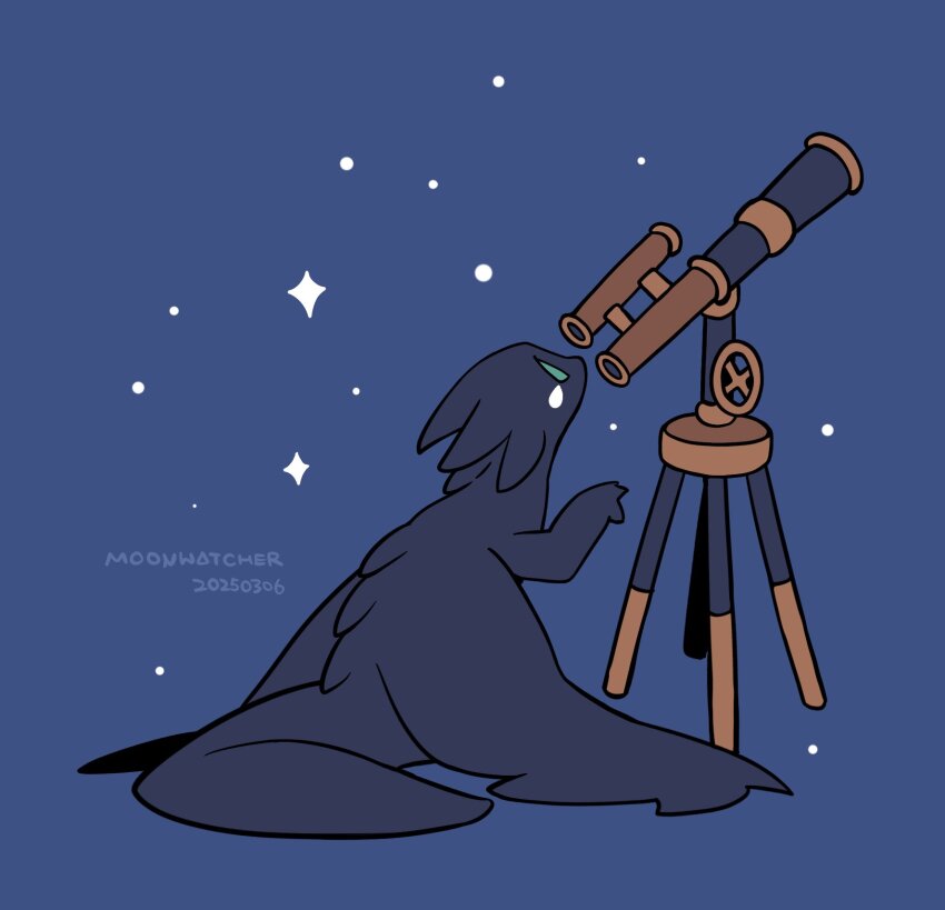 animal_focus, blue_background, character_name, commentary, creature, creature_focus, dated, deformed, dragon, hashtag-only_commentary, highres, moonwatcher, nightwing_(wings_of_fire), no_humans, rehtaef, simple_background, solo, telescope, western_dragon, wings_of_fire