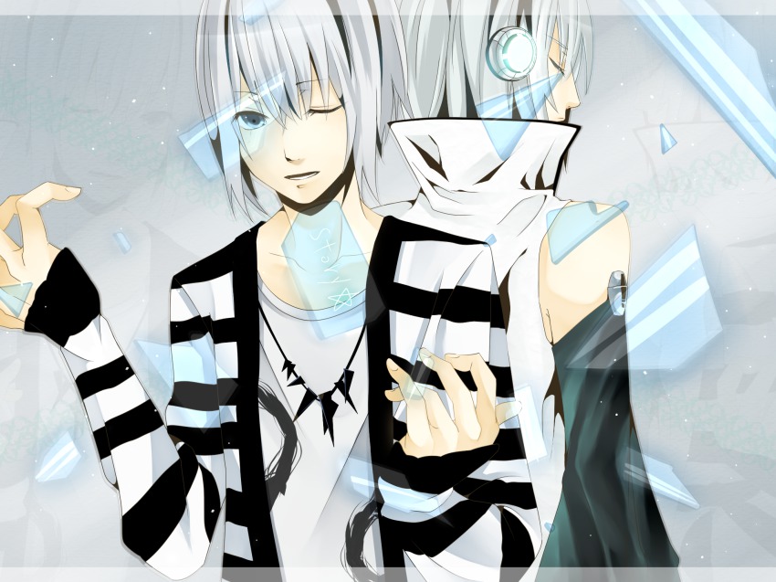 2boys, bad_id, bad_pixiv_id, blue_eyes, gradient_background, headphones, highres, indie_utaite