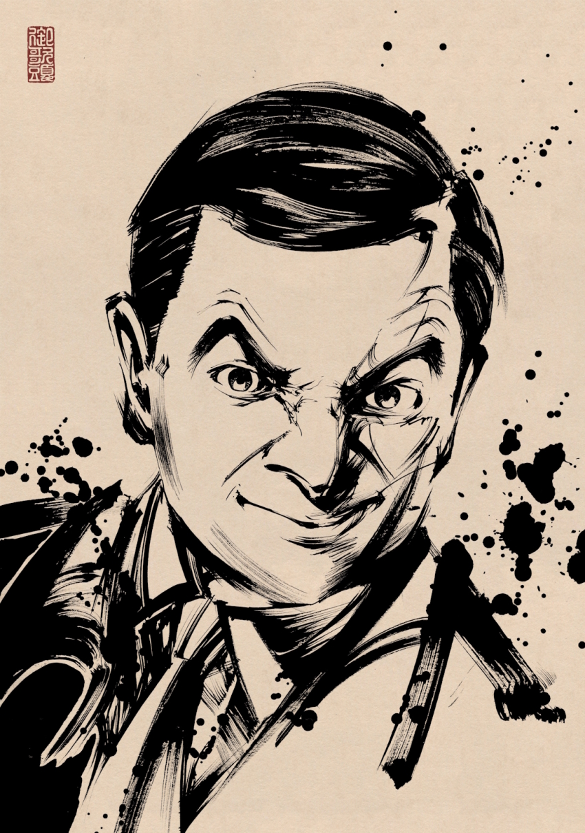 1boy, closed_mouth, commentary, greyscale, highres, looking_at_viewer, male_focus, monochrome