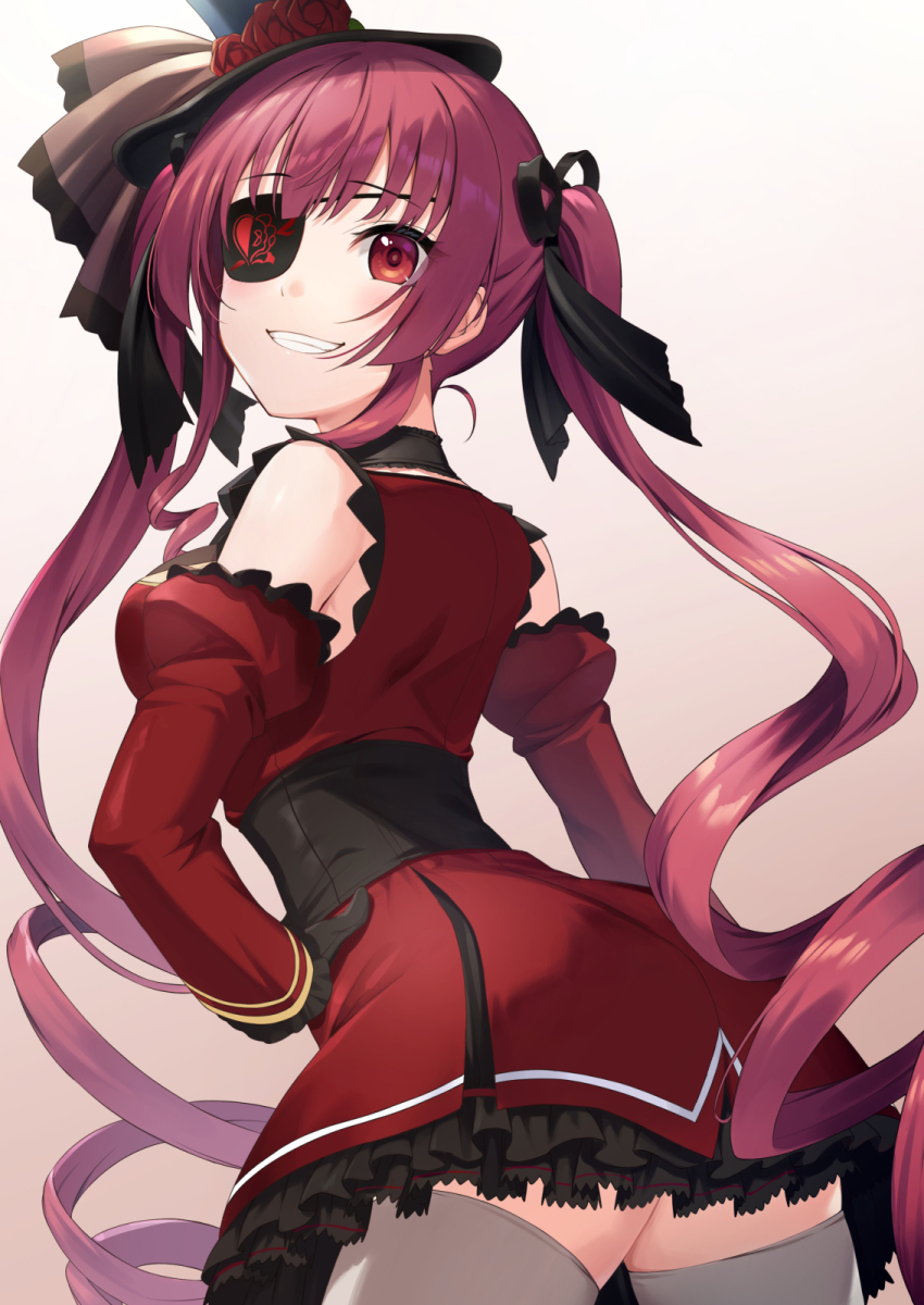 1girl, akanebi, alternate_hair_length_(longer), arched_back, arm_at_side, arrow_through_heart, ass, black_hat