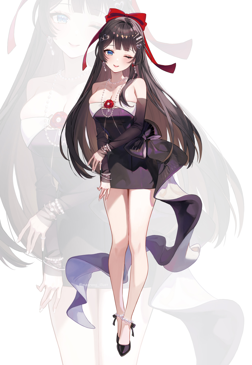 1girl, absurdres, bilingual_commentary, black_bow, black_shoes, black_sleeves, blue_eyes, bow