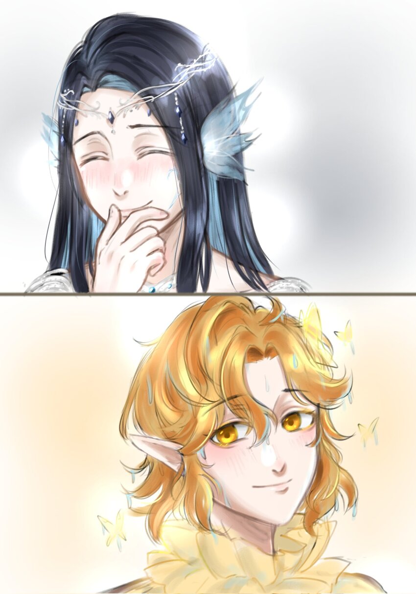 2others, ^_^, androgynous, arionus_(shining_nikki), black_hair, blue_hair, blush, brown_shirt, bug, butterfly, butterfly_on_head, circlet, closed_eyes, closed_mouth, collar, colored_inner_hair, commentary, elf, english_commentary, fingernails, fins, forehead, frilled_collar, frills, grey_background, hair_between_eyes, hand_on_own_chin, happy, head_fins, hephaes_(shining_nikki), highres, insect, jewelry, laughing, lips, long_hair, melty_white_out, multicolored_hair, multiple_others, necklace, nikki_(series), nonoberry22, orange_hair, other_focus, other_with_other, pointy_ears, shining_nikki, shirt, short_hair, smile, straight_hair, two-tone_background, two-tone_hair, upper_body, water_drop, wavy_hair, wet, yellow_background, yellow_butterfly, yellow_collar