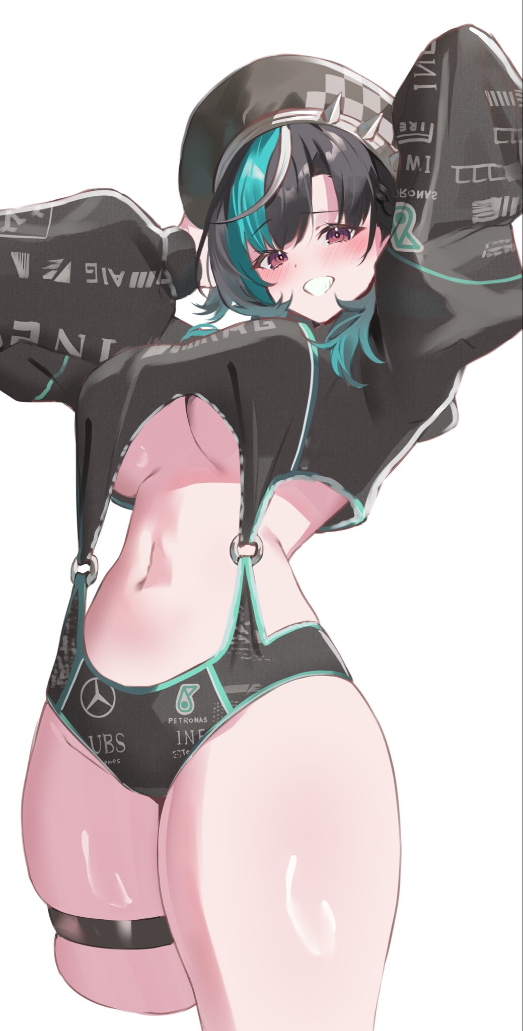 1girl, aqua_hair, arms_up, beret, black_hair, breasts, checkered_hat, formula_one, hat, highres, hololive, hololive_dev_is, large_breasts, looking_at_viewer, mercedes-benz, midriff, multicolored_hair, navel, o-ring, pendora1022, race_queen_two-piece, red_eyes, rindo_chihaya, shiny_skin, simple_background, skindentation, smile, solo, spiked_hat, streaked_hair, thick_thighs, thighs, underboob, virtual_youtuber, white_background