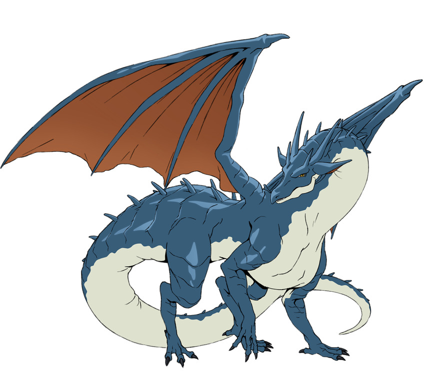 animal, artist_request, blue_skin, colored_skin, dragon, dragon_tail, full_body, highres, horns, looking_at_viewer, neely_(yuushakei_ni_shosu), official_art, parted_lips, solo, spikes, standing, tail, transparent_background, very_long_tail, wings, yuushakei_ni_shosu