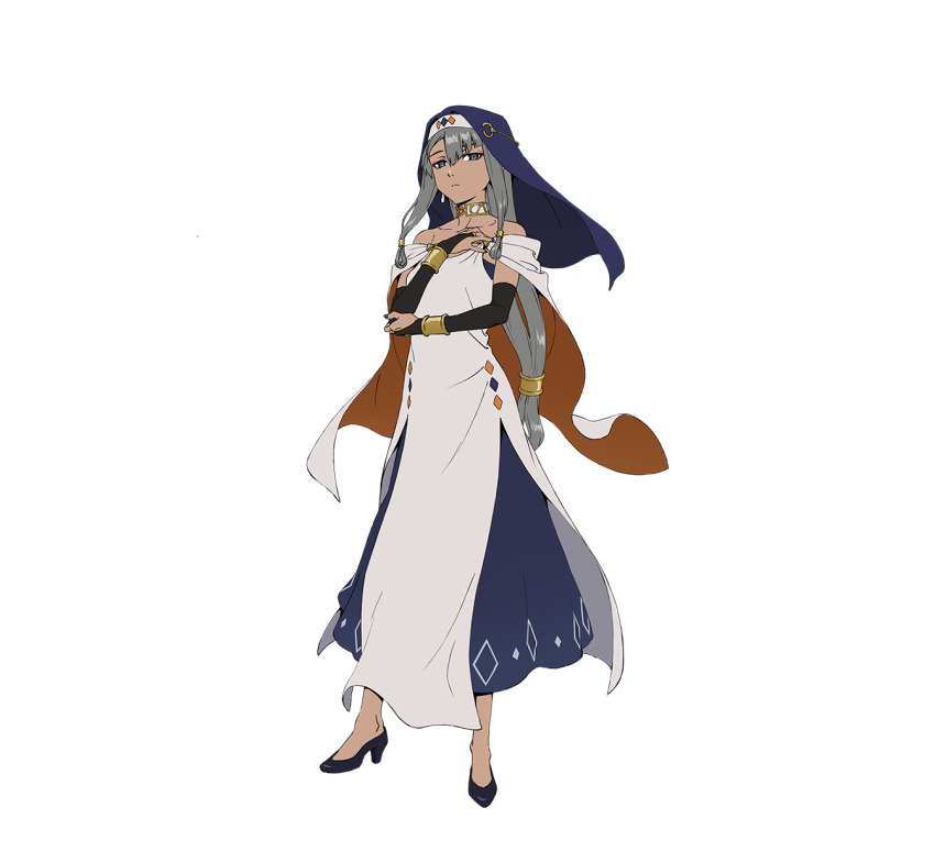 1girl, artist_request, blue_dress, blue_veil, bracelet, chain, choker, dark-skinned_female