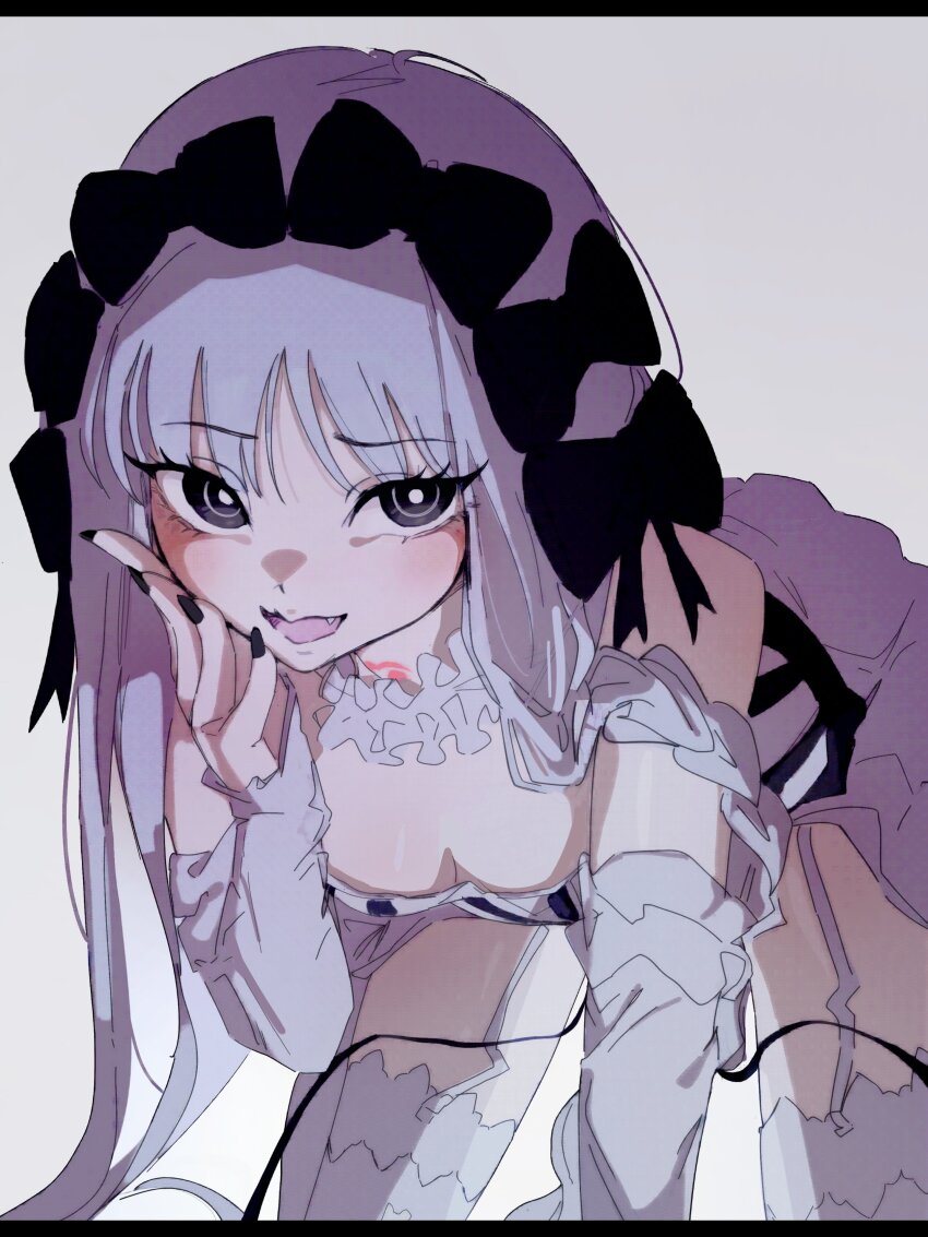 1girl, absurdres, all_fours, black_bow, bow, breasts, cleavage, fate/strange_fake, fate_(series), francesca_prelati_(fate), hair_bow, highres, long_hair, looking_at_viewer, open_mouth, seeledayo, solo, thigh_strap, thighhighs, white_thighhighs