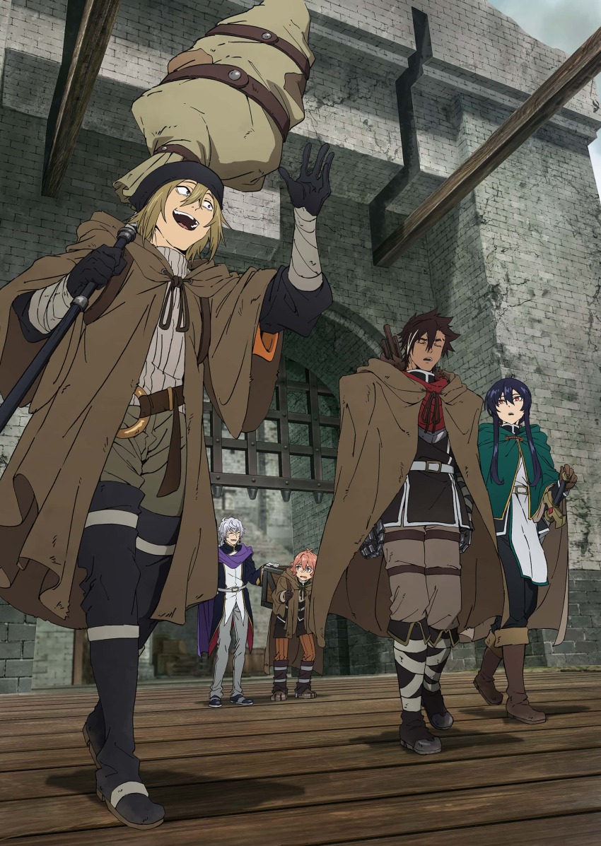 1girl, 4boys, absurdres, belt, blonde_hair, boots, brown_cloak, brown_hair, castle, cloak, closed_eyes, forbartz_xylo, from_below, green_cloak, grey_hair, highres, holding, hood, hooded_cloak, key_visual, kivia_patausche, knee_boots, leopool_venetim, luzulas_dotta, multicolored_hair, multiple_boys, official_art, open_mouth, outdoors, pink_hair, promotional_art, purple_eyes, short_hair, streaked_hair, sword, thigh_boots, tsav_(yuushakei_ni_shosu), walking, weapon, white_streaks, yuushakei_ni_shosu