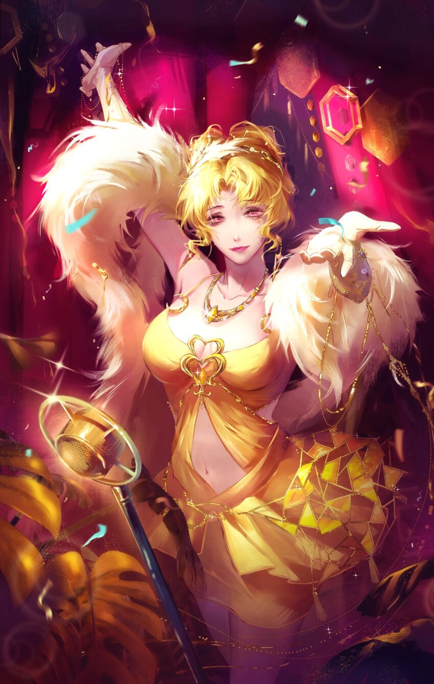 1girl, arms_up, blonde_hair, commentary, dress, elbow_gloves, gloves, highres, looking_at_viewer, maoyuuuuuum, microphone_stand, milly_(path_to_nowhere), path_to_nowhere, reaching, reaching_towards_viewer, solo, untranslatable_commentary, white_gloves, yellow_dress