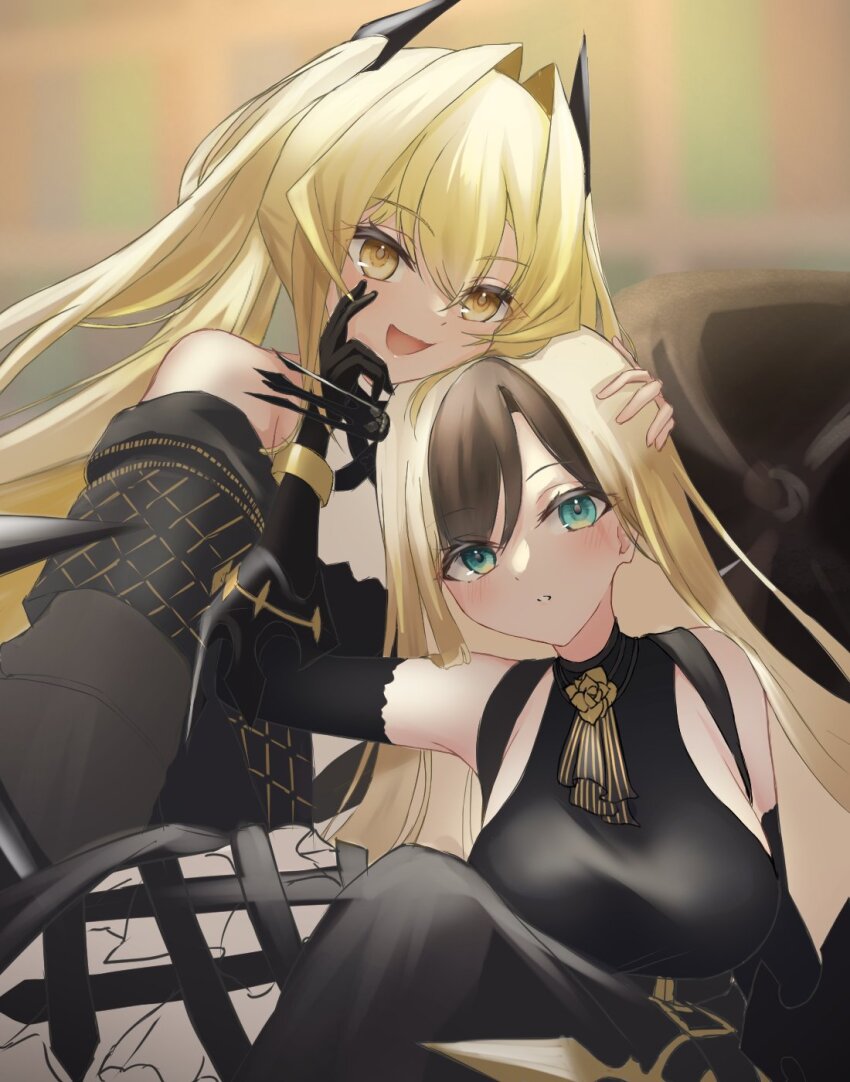 2girls, anku_(reverseblue), asymmetrical_bangs, bare_shoulders, black_dress, black_gloves, black_hair, blonde_hair