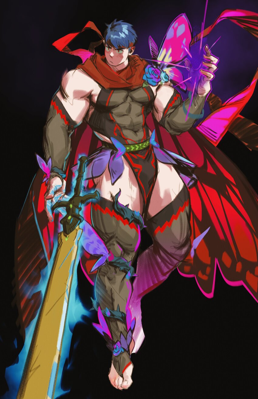 1boy, absurdres, alternate_costume, ass_peek, bara, biceps, black_background, blue_aura