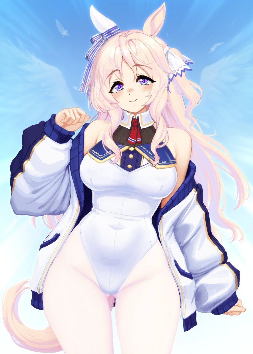 1girl, animal_ears, arm_at_side, barbariank, bare_shoulders, blonde_hair, blue_sky, blush