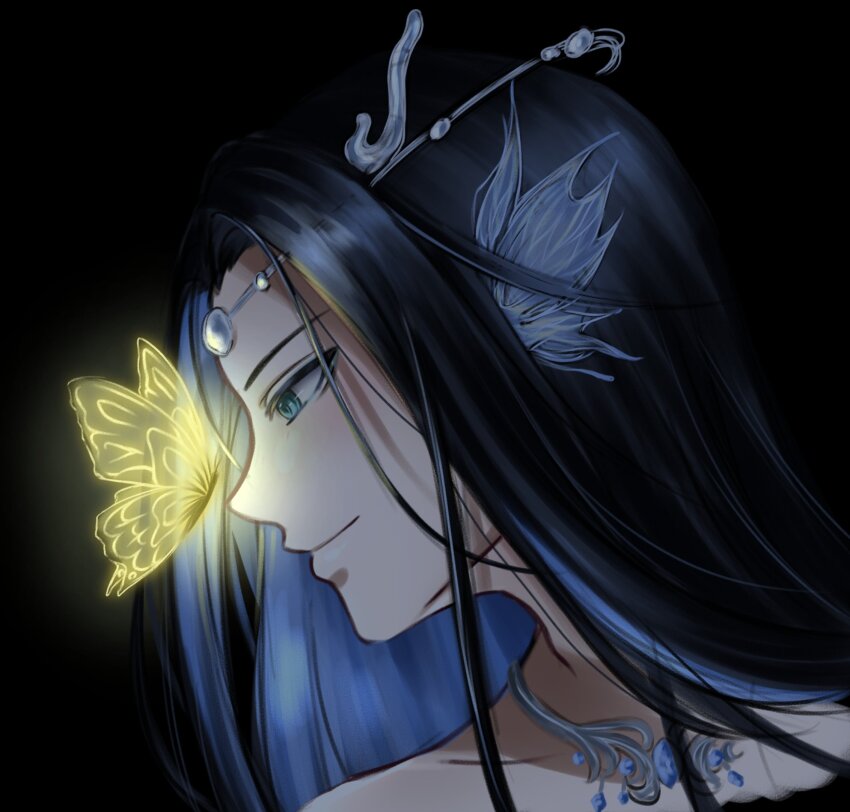 1other, androgynous, arionus_(shining_nikki), bare_shoulders, black_background, black_hair, blue_eyes, blue_hair