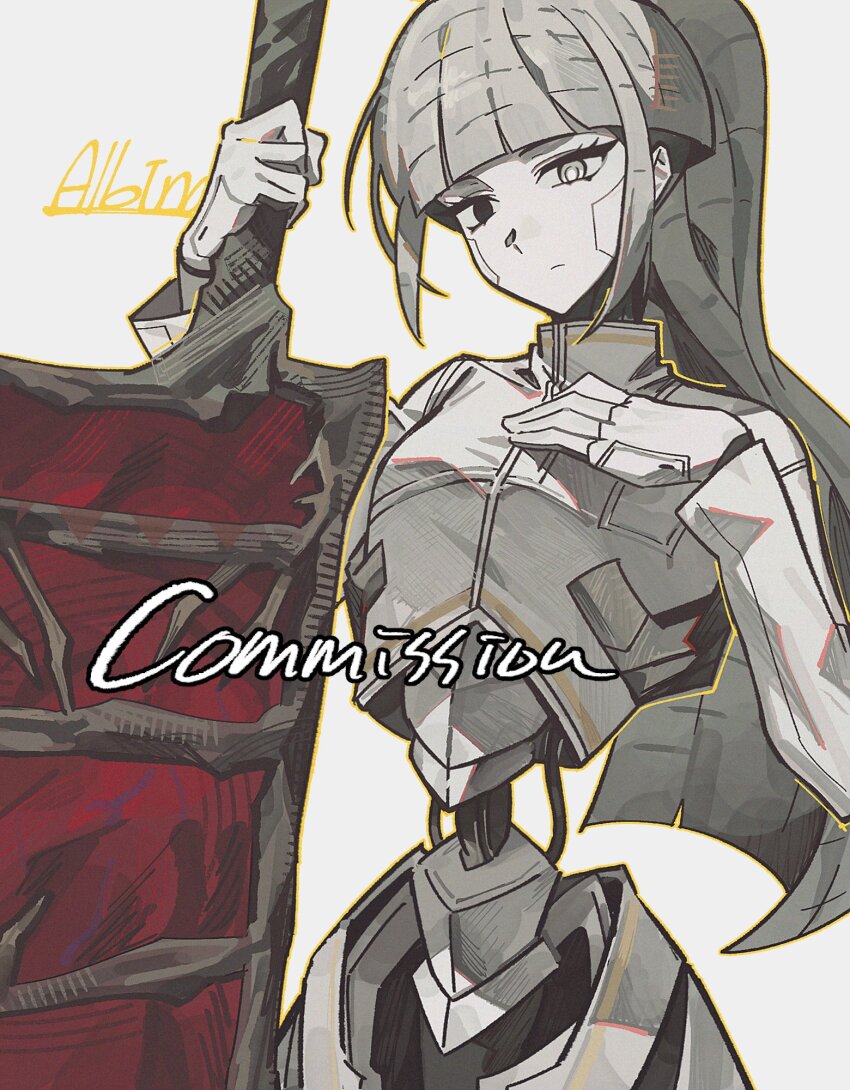 1girl, albina_(project_moon), cable, cable_hair, character_name, closed_mouth, commentary, commission