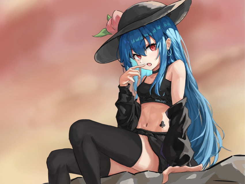 1girl, alternate_costume, arm_warmers, black_arm_warmers, black_hat, black_shirt, black_skirt, black_thighhighs