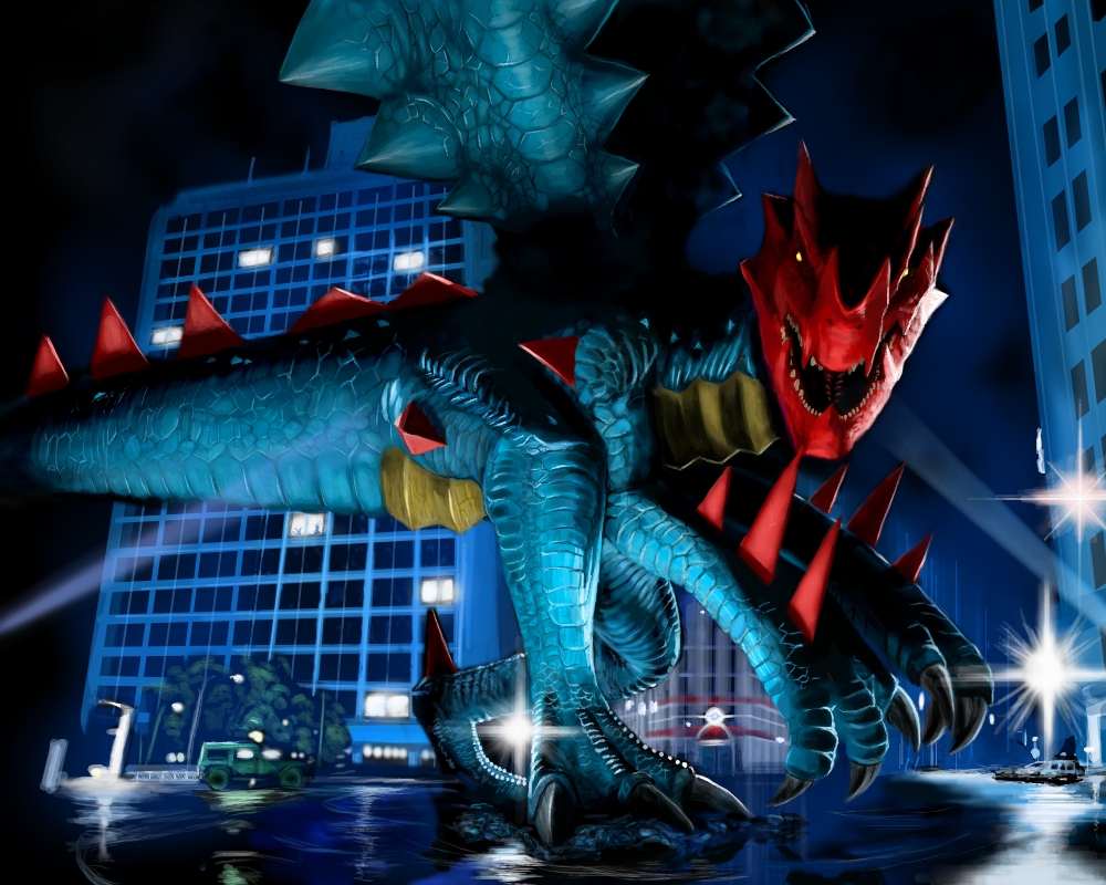 car, city, cosmo_(465lilia), dragon, druddigon, gen_5_pokemon, godzilla_(series), godzilla_the_series, motor_vehicle, night, nintendo, no_humans, parody, pokemon, pokemon_(creature), spotlight, tristar_pictures, zilla
