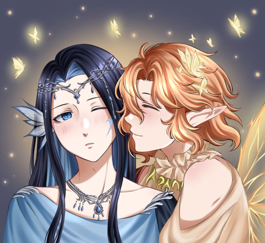 2others, ^_^, androgynous, arionus_(shining_nikki), bare_shoulders, black_hair, blue_eyes, blue_hair