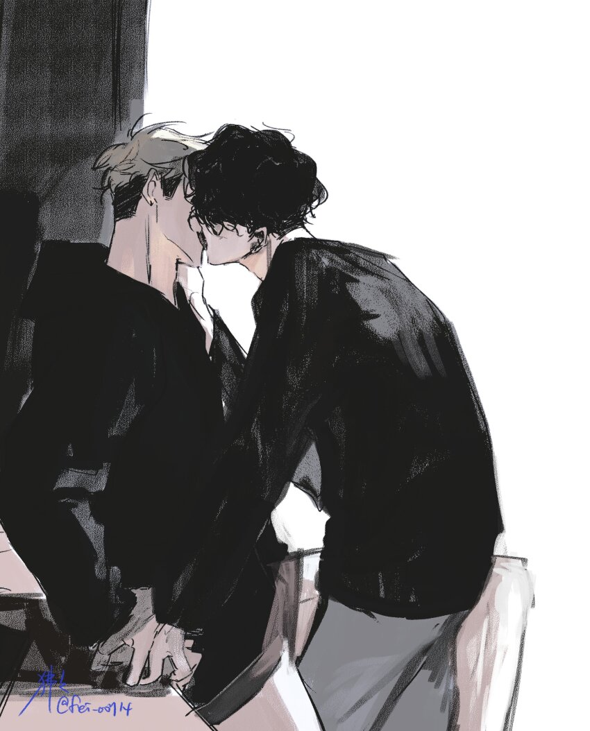 2boys, absurdres, black_hair, black_hoodie, black_shirt, blonde_hair, boxer_briefs, commentary_request