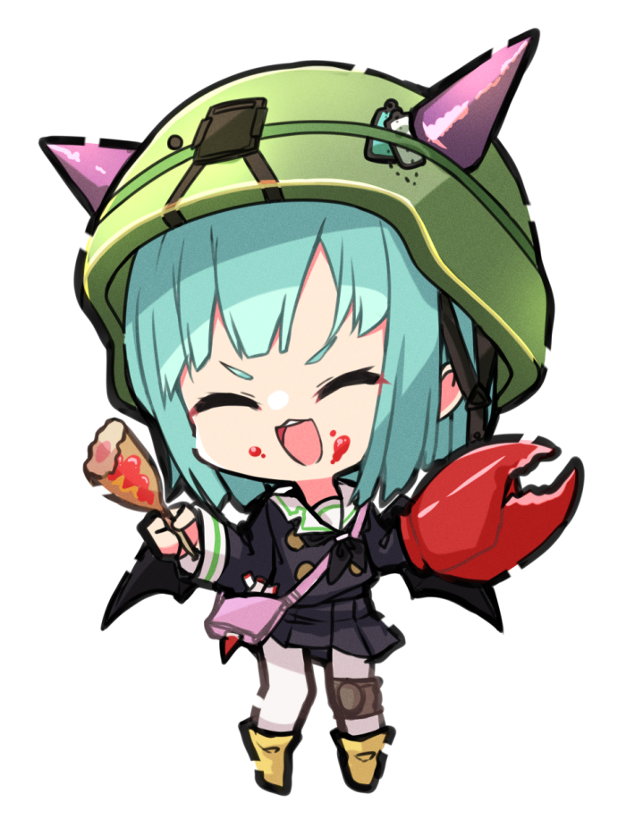 1girl, :d, ^_^, amai_nekuta, aqua_hair, black_shirt, black_skirt, blunt_bangs, blunt_ends, bob_cut, boots, bungo_yayoi, chibi, chibi_only, closed_eyes, commentary_request, crab_claw, demon_wings, fake_horns, fake_pincers, fake_wings, food, food_on_face, full_body, heaven_burns_red, helmet, holding, holding_food, horned_helmet, horns, medium_hair, miniskirt, open_mouth, pantyhose, pleated_skirt, shirt, simple_background, skirt, smile, solo, standing, v-shaped_eyebrows, white_background, white_pantyhose, wings, yellow_boots