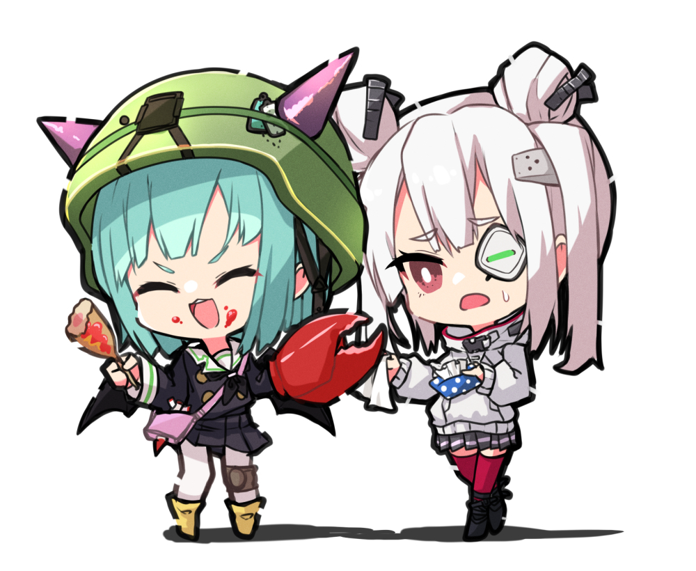 2girls, :d, ^_^, amai_nekuta, aqua_hair, black_boots, black_shirt, black_skirt, blunt_bangs, blunt_ends, bob_cut, boots, bright_pupils, bungo_yayoi, chibi, chibi_only, closed_eyes, commentary_request, crab_claw, d:, demon_wings, double_bun, eyepatch, fake_horns, fake_pincers, fake_wings, food, food_on_face, full_body, furrowed_brow, hair_bun, heaven_burns_red, helmet, holding, holding_food, holding_tissue, horned_helmet, horns, looking_at_another, medium_hair, miniskirt, multiple_girls, one_eye_covered, open_mouth, pantyhose, pleated_skirt, red_eyes, red_thighhighs, shirt, simple_background, skirt, smile, standing, sweatdrop, thighhighs, tissue, twintails, v-shaped_eyebrows, white_background, white_hair, white_pantyhose, white_pupils, white_shirt, wings, yamawaki_bon_ivar, yellow_boots, zettai_ryouiki