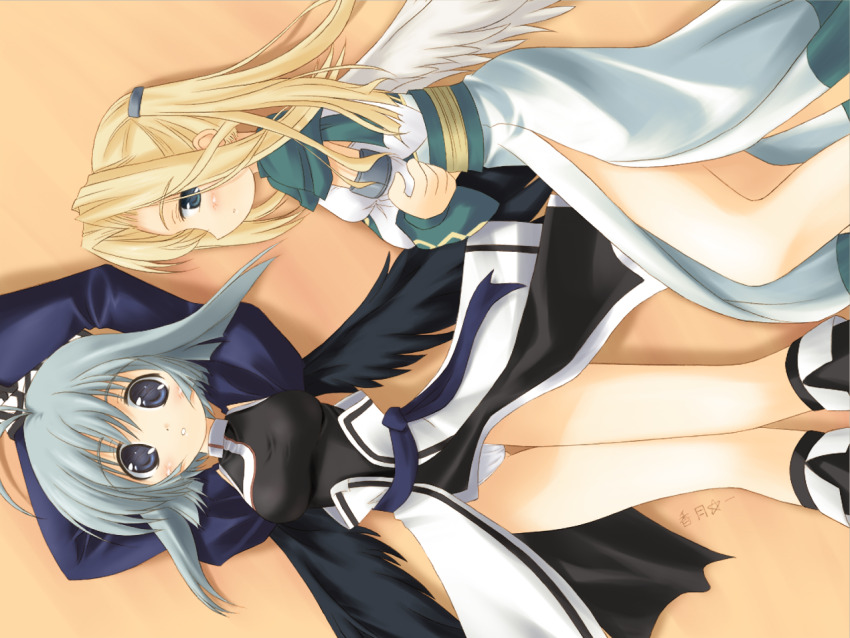 2girls, angel_wings, antenna_hair, artist_request, aruruu_to_asobo!!, black_dress, black_wings, blonde_hair
