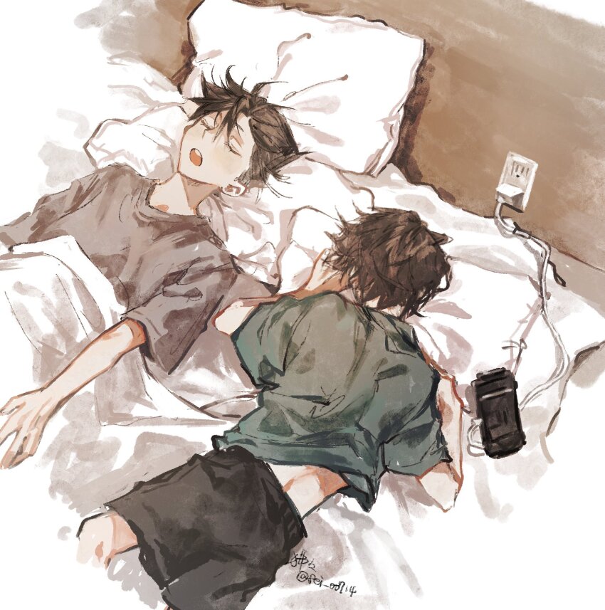 2boys, aged_down, black_hair, black_shorts, blanket, closed_eyes, commentary_request, fei_00714